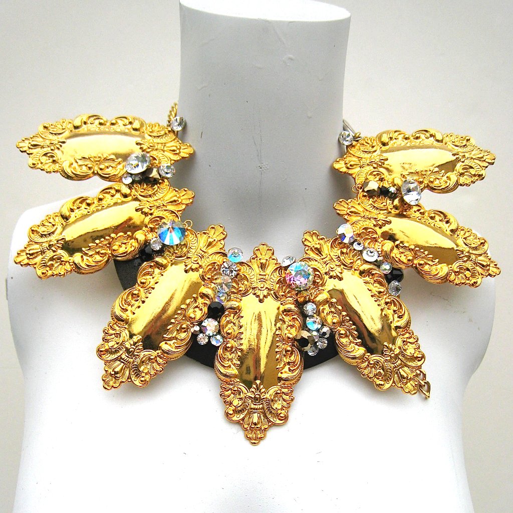 Gold Scroll Collar + Swarovski Rhinestones Ooak